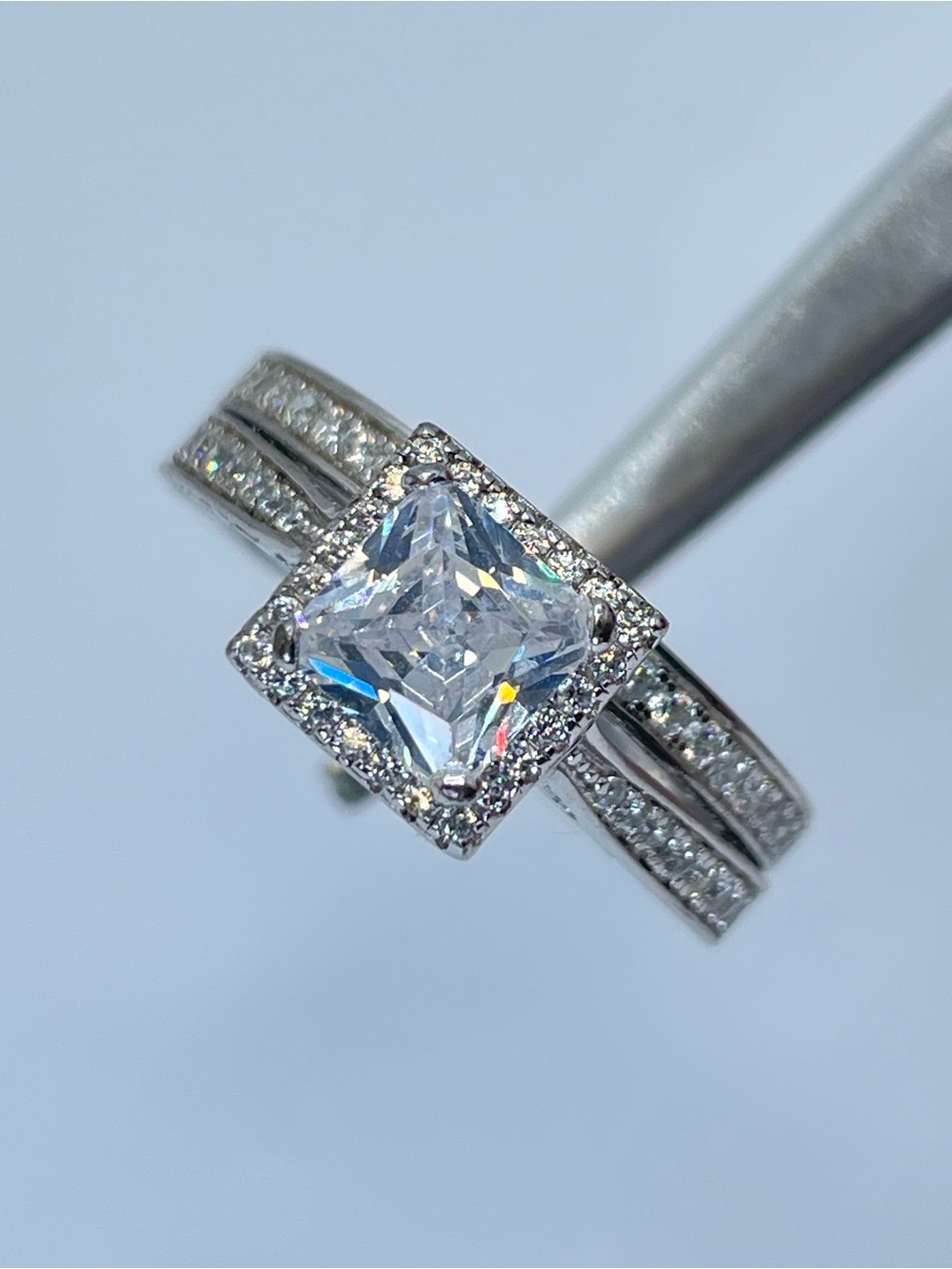 925 Sterling Silver Diamond White CZ Princess Cut Bridal Ring Set Halo Wedding
